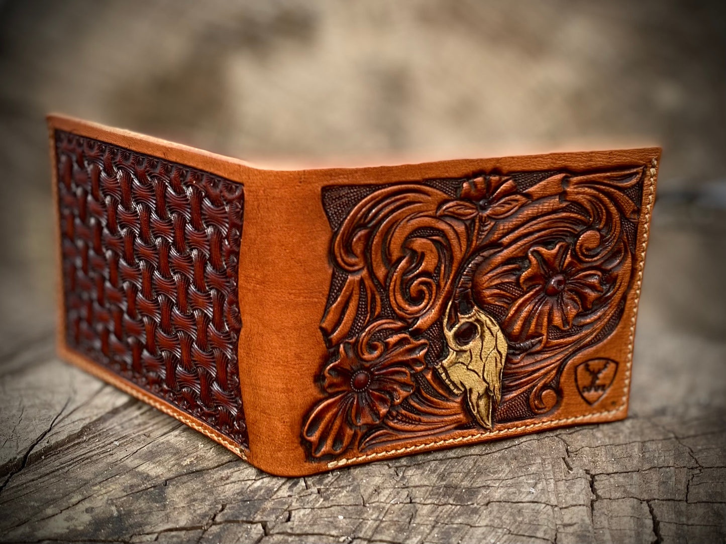 SEO Title: Handmade Leather Wallet with Skull & Flowers Design | 1901 Handmade Leather