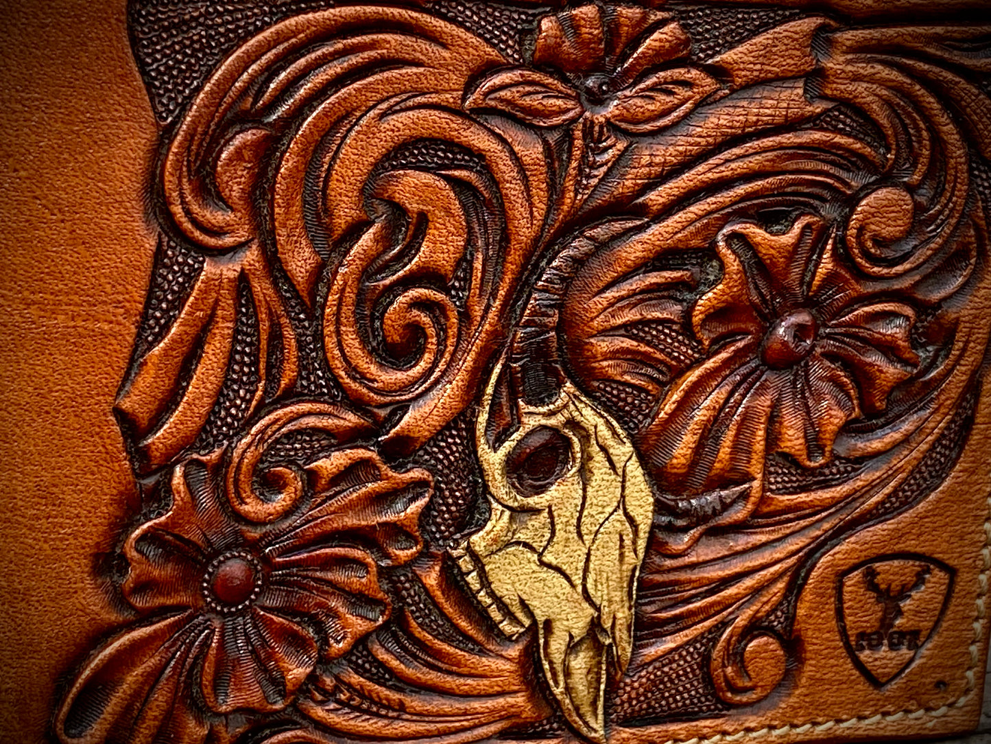 SEO Title: Handmade Leather Wallet with Skull & Flowers Design | 1901 Handmade Leather