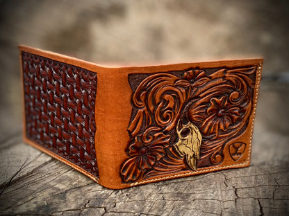 SEO Title: Handmade Leather Wallet with Skull & Flowers Design | 1901 Handmade Leather