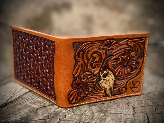 SEO Title: Handmade Leather Wallet with Skull & Flowers Design | 1901 Handmade Leather