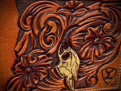 SEO Title: Handmade Leather Wallet with Skull & Flowers Design | 1901 Handmade Leather