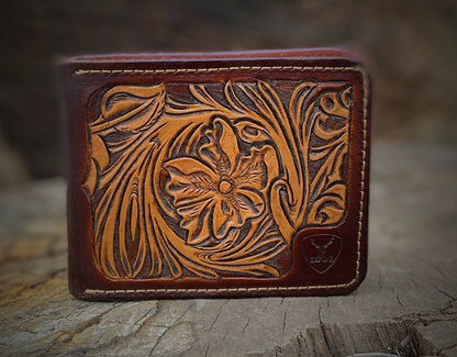 Cartera de cuero hecha a mano con flores talladas - Estilo clip para billetes
