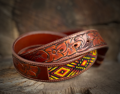 Handmade Beaded Leather Belt - 1.5 Inch Wide Genuine Leather