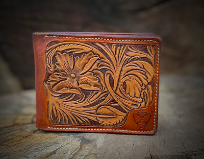 Cartera de cuero hecha a mano con flores talladas - Estilo clip para billetes