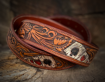 Handmade Leather Belt with Deck Design - 1 3/4  Inch Genuine Leather