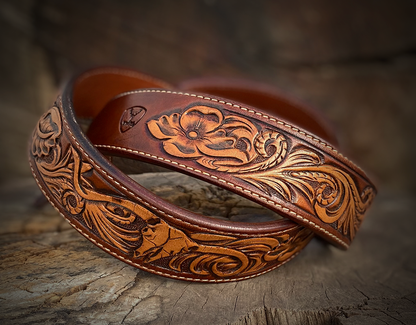 Handmade Floral Carved Leather Belt - Genuine Leather with Flower Design
