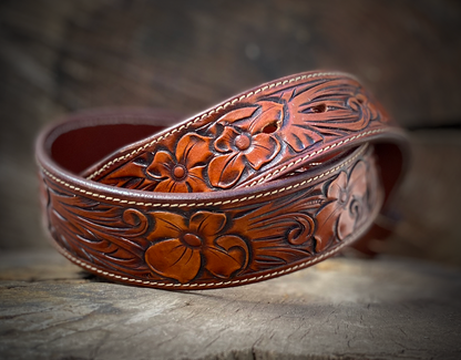 Handmade Floral Carved Leather Belt - Elegant Genuine Leather Design