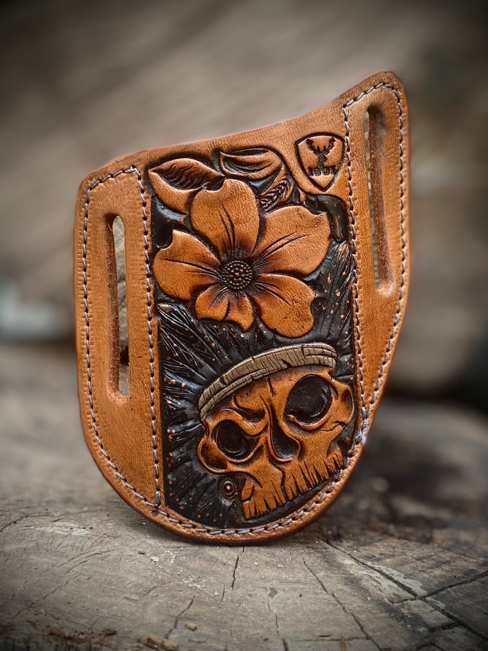 Handmade Leather Knife Sheath with Skull & Floral Design - Pancake Style