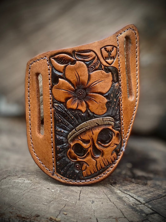 Handmade Leather Knife Sheath with Skull & Floral Design - Pancake Style