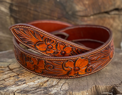 Handmade Floral Carved Leather Belt - Elegant Genuine Leather Design