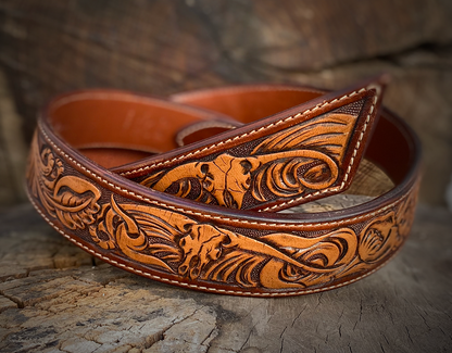 Handmade Floral Carved Leather Belt - Genuine Leather with Flower Design