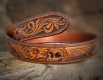 Handmade Leather Belt with Skull Design - Genuine Cowhide Western Style